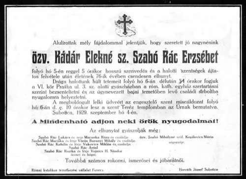Gyászlap 1929-ből, nyomtatta az akkori „Funero Római katolikus temetkezési vállalat“.